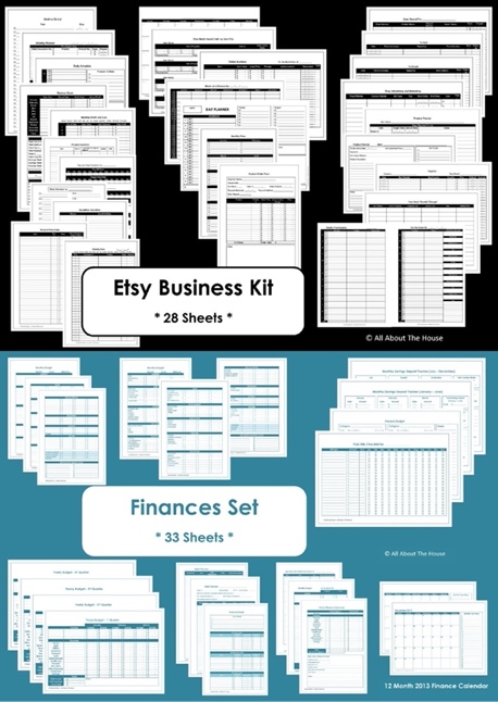 May include: A collection of printable worksheets for Etsy sellers and business owners. The worksheets are organized into two sets: Etsy Business Kit with 28 sheets and Finances Set with 33 sheets. The image shows a variety of worksheets, including a daily schedule, a monthly planner, a sales tracker, a budget planner, and a customer order form.