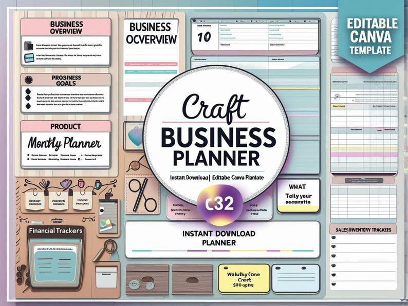 May include: A digital craft business planner template with a light blue and pink color scheme. The design includes sections for business overview, goals, and financial trackers. The text "Craft Business Planner" is prominently displayed.