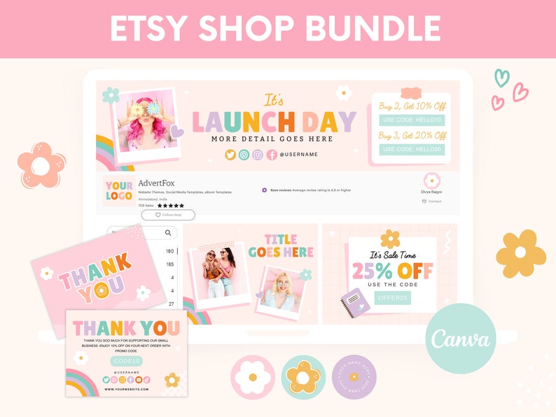 May include: A digital marketing bundle for Etsy shops with a pink, yellow, and blue color scheme. The bundle includes social media templates, thank you cards, and sale banners. The text "It's Launch Day" and "25% Off" is featured on the templates.