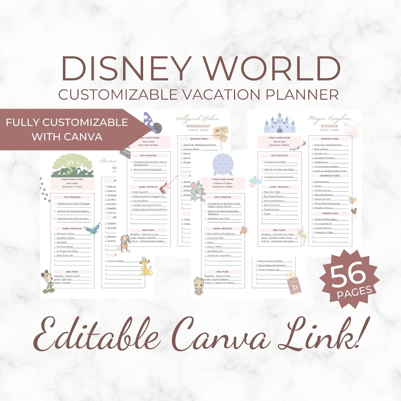 May include: A printable Disney World vacation planner with 56 pages. The planner is fully customizable with Canva and features a pink and blue color scheme with Disney character illustrations. The text "Editable Canva Link!" is at the bottom of the image.