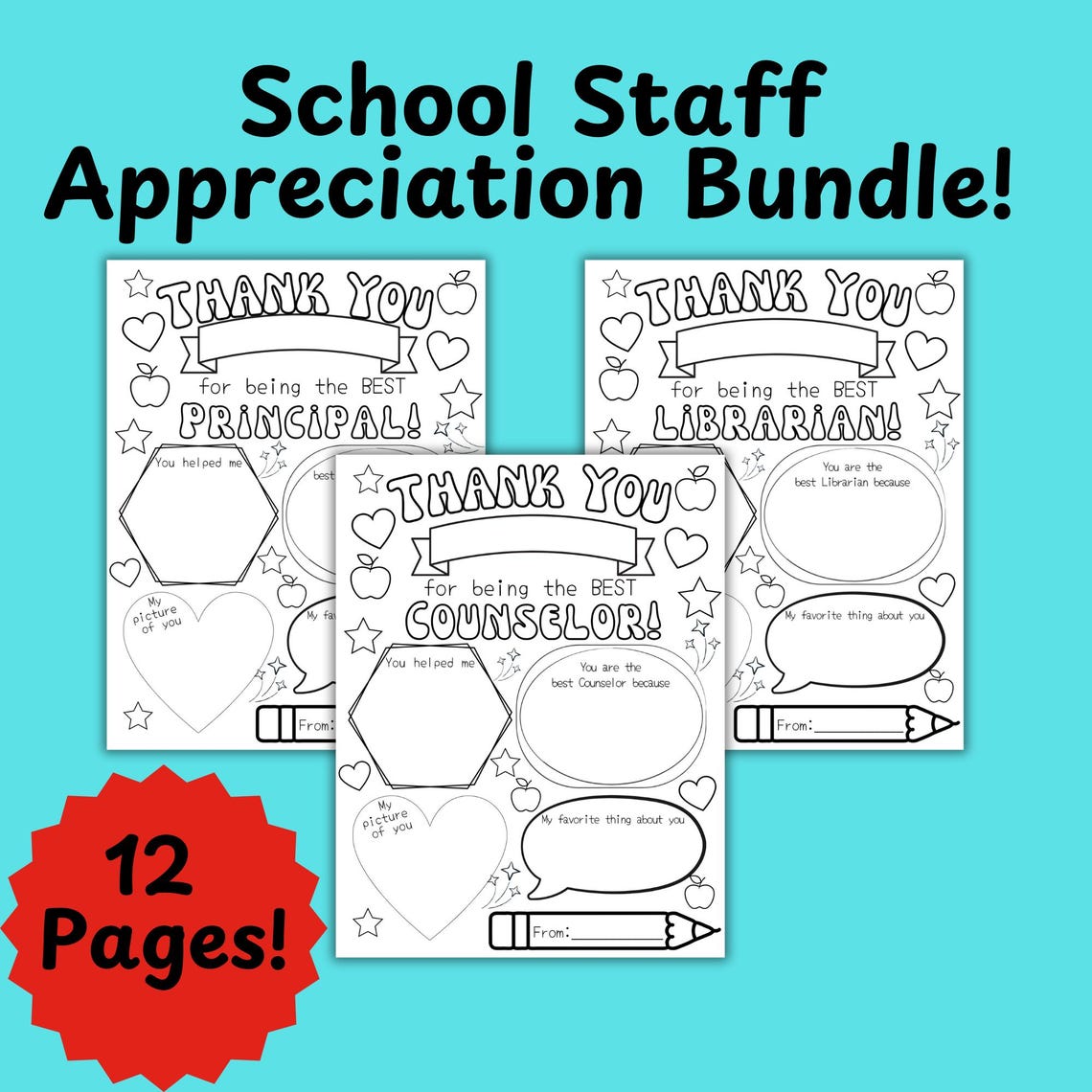 May include: A printable thank you card bundle for school staff. The cards feature black and white illustrations of apples, hearts, and stars. The text on the cards reads "Thank You for being the best Principal!", "Thank You for being the best Librarian!" and "Thank You for being the best Counselor!"