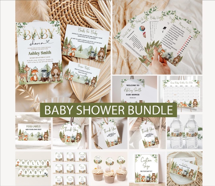 May include: A woodland themed baby shower printable bundle with a variety of items including invitations, food labels, thank you tags, welcome sign, and games. The design features watercolor illustrations of woodland animals like foxes, bears, and owls.