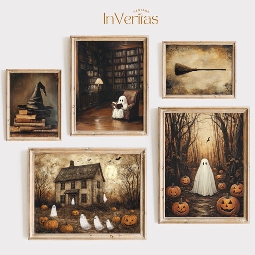 May include: Set of five Halloween-themed framed prints featuring a spooky house, a ghost in a forest, a ghost reading a book, a witch's hat, and a broom. The prints are all in a vintage style and have a rustic brown frame.