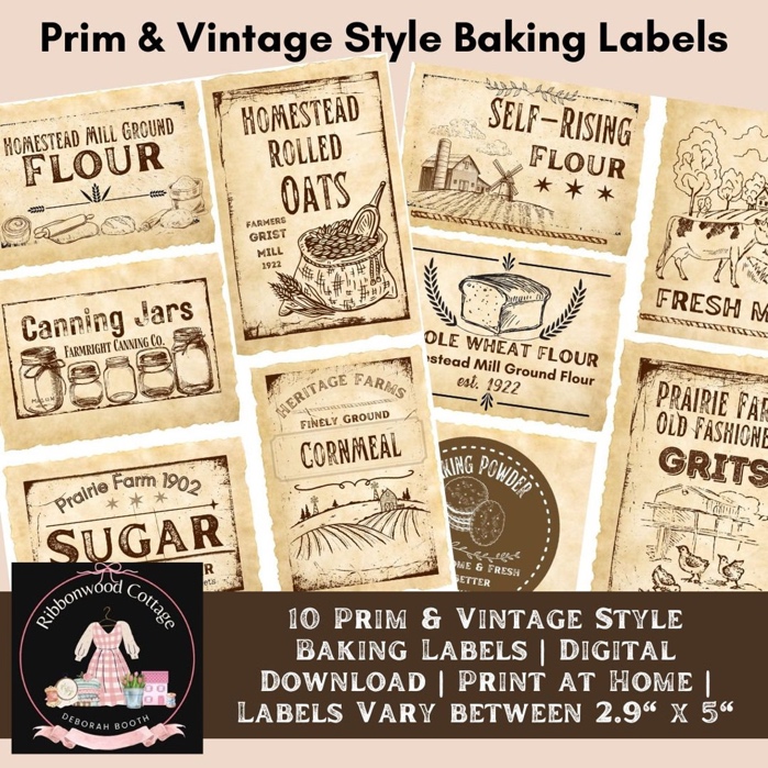 May include: Ten printable vintage style baking labels with a rustic, brown and white color scheme. The labels feature text such as "Homestead Mill Ground Flour", "Self-Rising Flour", "Canning Jars", "Prairie Farm 1902 Sugar", "Homestead Rolled Oats", "Ole Wheat Flour", "Heritage Farms Finely Ground Cornmeal", "Fresh Milk", "Prairie Farm Old Fashioned Grits", and "Baking Powder". The labels are designed to be printed at home and measure approximately 2.9 inches by 5 inches.