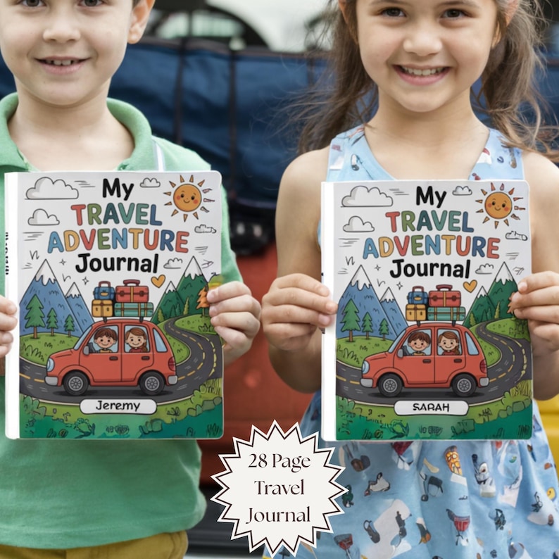 May include: Two children holding personalized travel journals. Each journal cover features a red car with luggage, mountains, and the text "My Travel Adventure Journal." One journal is labeled "Jeremy," the other "Sarah." The journals are 28 pages.