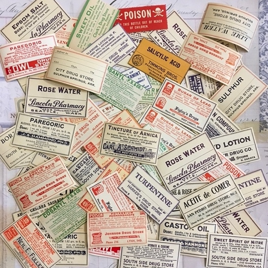 Pharmacy Labels / 10 Vintage Drug Store Apothecary Labels Random Selection -- Great for Collage, Mixed Media, Journals, Card Making++ image 1