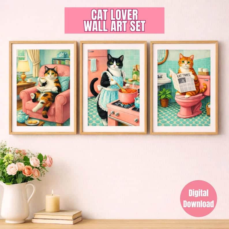 Funny Bathroom Print Retro Wall Art Set of 3 Whimsical Cat Prints Cute Animal Bathroom Decor Cat Lover Gift Printable Wall Art image 1