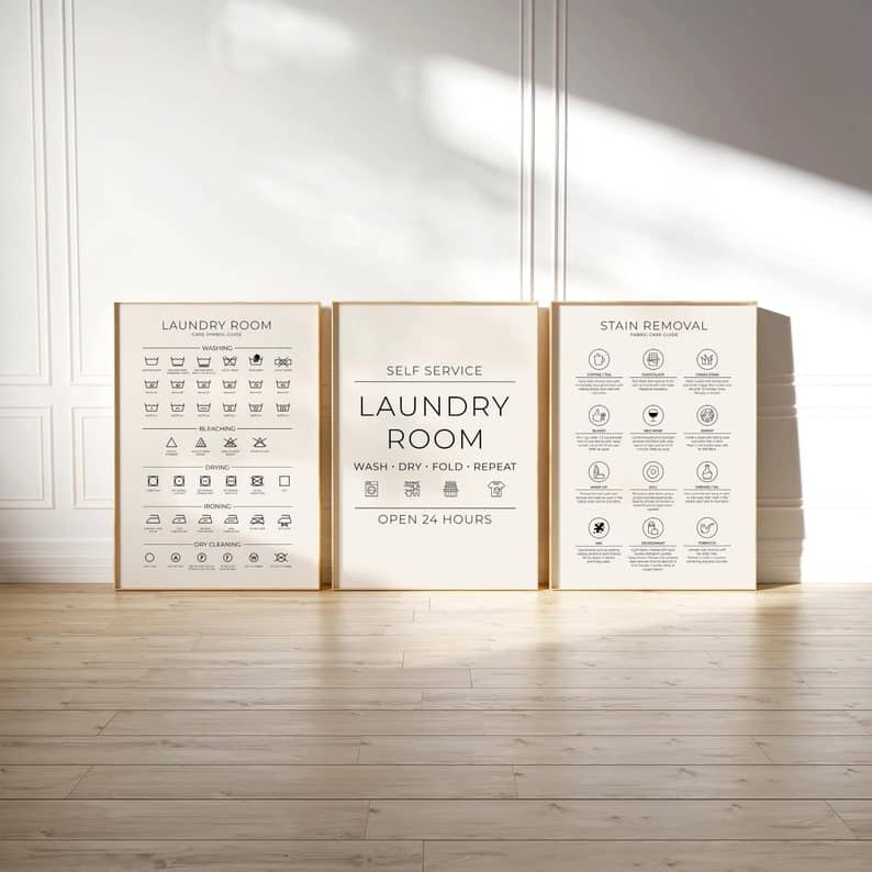Laundry Room 3 Prints Set Printable Art, Laundry Wall Decor, Laundry Symbols Guide, Laundry Guide Print Laundry Print Set Laundry Room Print