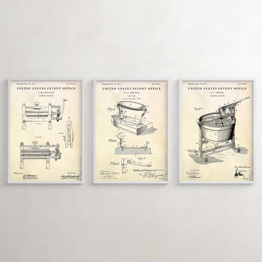 Laundry Room Vintage Wall Decor, Antique Patent Drawing Prints, Laundry Items Rustic Art, Set of 3 Blueprint Posters Old paper