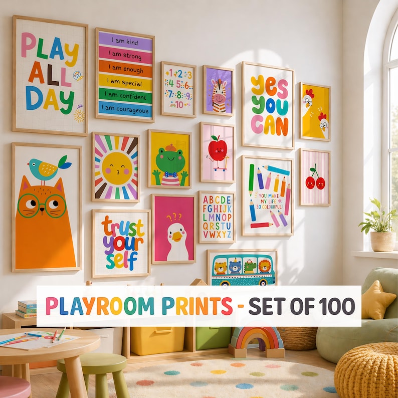 May include: A collection of framed playroom prints with colorful illustrations and positive affirmations. The prints feature various themes, including animals, numbers, and inspirational quotes. The text "PLAYROOM PRINTS - SET OF 100" is displayed at the bottom.