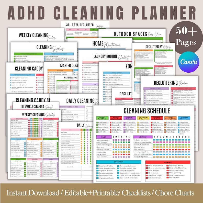 May include: A collection of printable ADHD cleaning planners with various checklists and chore charts. The pages include sections for weekly, daily, and monthly cleaning schedules, decluttering routines, and home maintenance tasks. The design is colorful and organized.