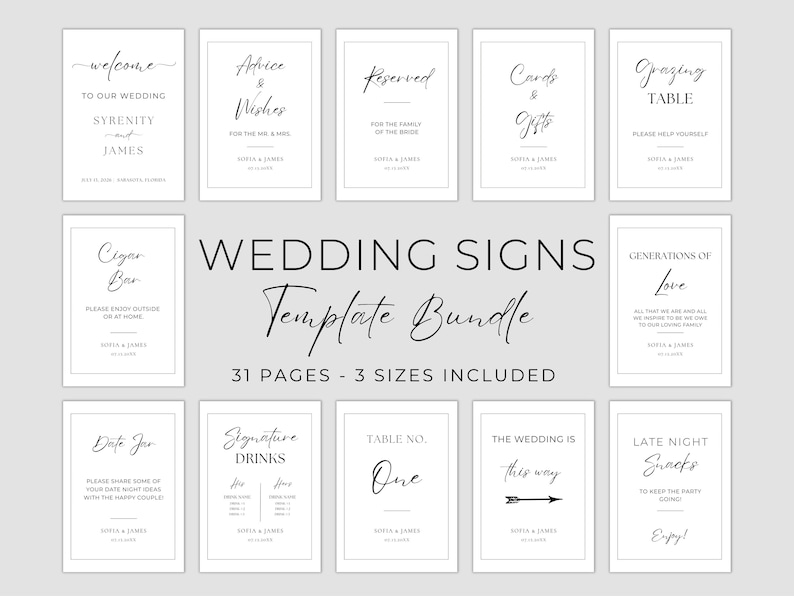 May include: A collection of white wedding signs with black text, including "Welcome," "Advice & Wishes," and "Reserved." The signs are part of a template bundle with 31 pages and 3 sizes. The signs are arranged on a light gray background.