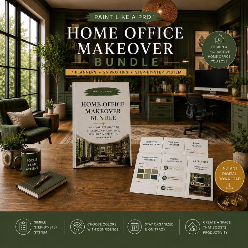 May include: A home office makeover bundle featuring a guide book, seven planners, and twenty-five pro tips. The materials include a vision workbook, paint supply checklist, budget planner, color selection workbook, and a weekend makeover plan.