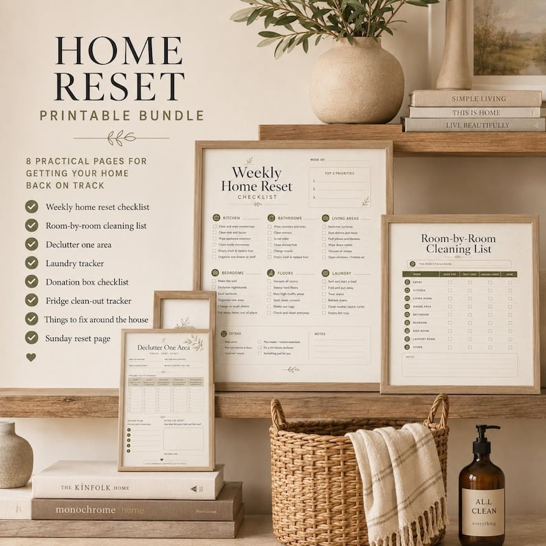 May include: A printable home reset bundle featuring a weekly home reset checklist and a room-by-room cleaning list. The documents include text such as Home Reset, Weekly Home Reset Checklist, and Room-by-Room Cleaning List, presented in a neutral color palette with dark green accents on light paper.