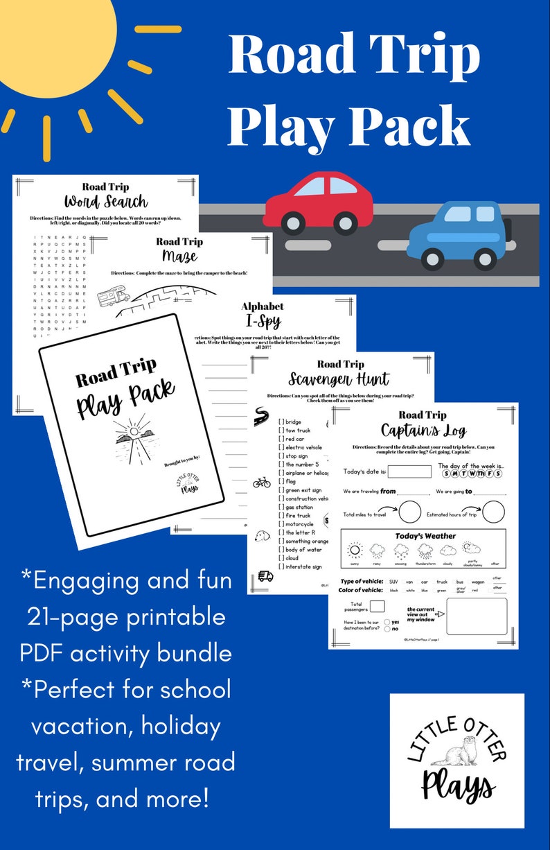 May include: A printable road trip activity pack for kids featuring a black and white illustration of a car driving on a road. The pack includes a word search, maze, alphabet I-spy, scavenger hunt, and captain's log. The text "Road Trip Play Pack" is featured on the cover.
