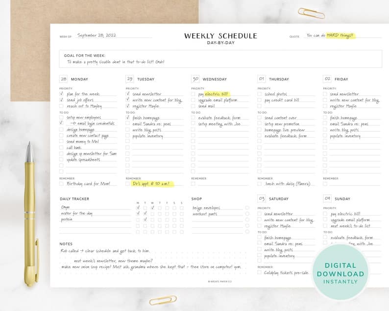 May include: A weekly schedule planner with a yellow sticky note that says "Dr's appt 10 am!" and a daily tracker with checkboxes for each day of the week. The planner is designed for a busy person who wants to stay organized and on top of their tasks. The planner includes sections for goals, priorities, to-dos, and reminders. It also includes a shop section for listing items to buy.