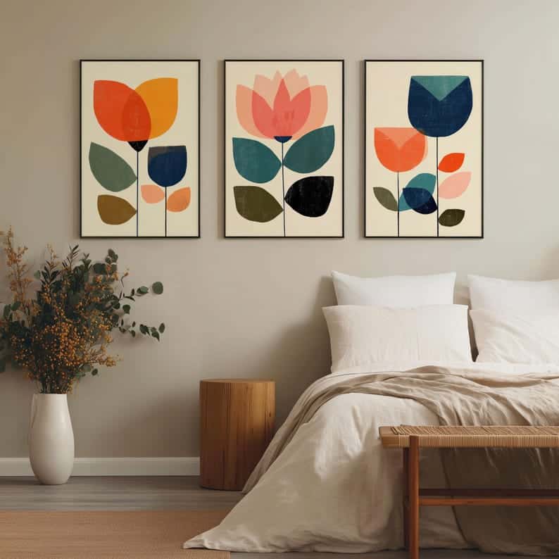 Mid Century Modern Floral Set: Geometric Scandi Wall Art Triptych image 1