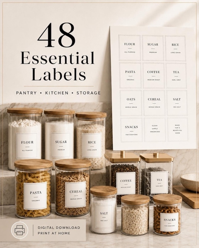 Peut inclure: Des bocaux en verre avec des couvercles en bois contenant de la farine, du sucre, du riz, des pâtes et des céréales. L'image comprend une feuille d'étiquettes et le texte "48 étiquettes essentielles" et "Téléchargement numérique, imprimer à la maison".