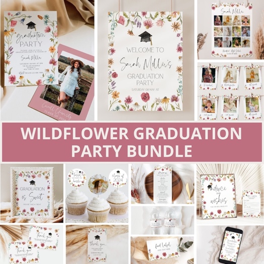 Wildflower Graduation Invitation Bundle, Graduation Party Bundle, Wildflower Grad Party Invite, Graduation Party Decor, Floral, Template image 1